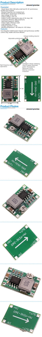 Mini360 RC Airplane Module Mini 360 DC Buck Converter 2A Step Down Module 4.75V-23V to 1V-17V 17x11x3.8mm New LM2596