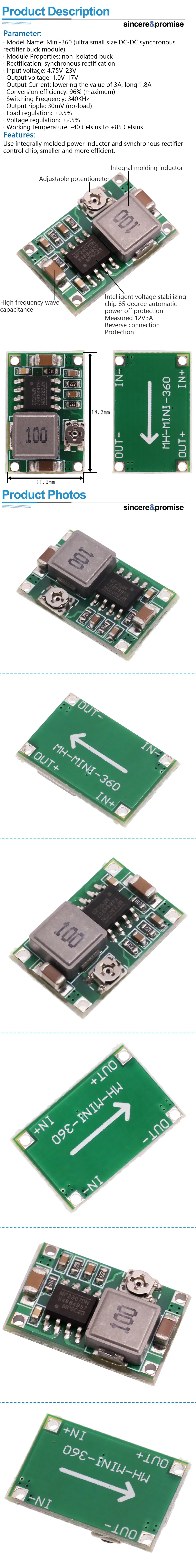 Mini360 RC Airplane Module Mini 360 DC Buck Converter 2A Step Down Module 4.75V-23V to 1V-17V 17x11x3.8mm New LM2596