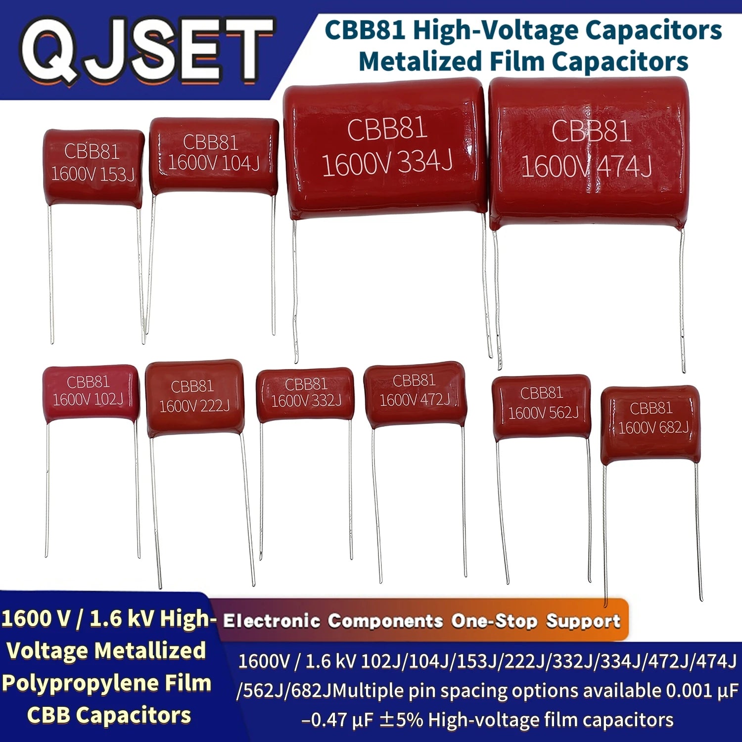10Pcs CBB81 Metallized Polypropylene Film Capacitors High-Voltage 1.6 kV 1600 V 102j 104j 153 222 332 334 472 474 562 682J 0.1uf