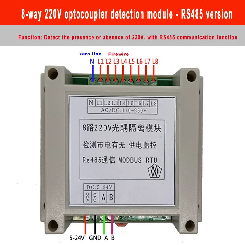 8-way 220V AC Detection Module MODBUS Module RS485 Communication Detection Mains Power Can Be Connected To PLC