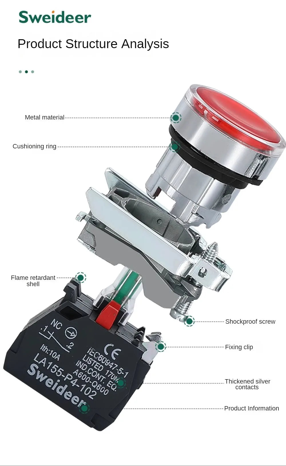 XB4 Button Switch Momentary Self Reset Flat High Head 22mm Power Push Button Switch with Light XB4-BA42 BA31 BA51 10A NC/NO Red