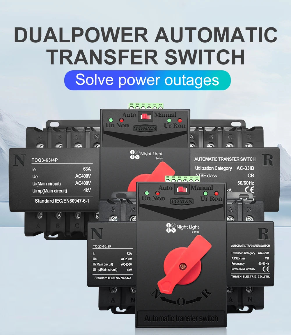 TOMZN TOQ3 Built-in Circuit Breaker Short-circuit Protection Overload Protection 2 Input 2/1 Output 2P 4P 63A 125A Night Light