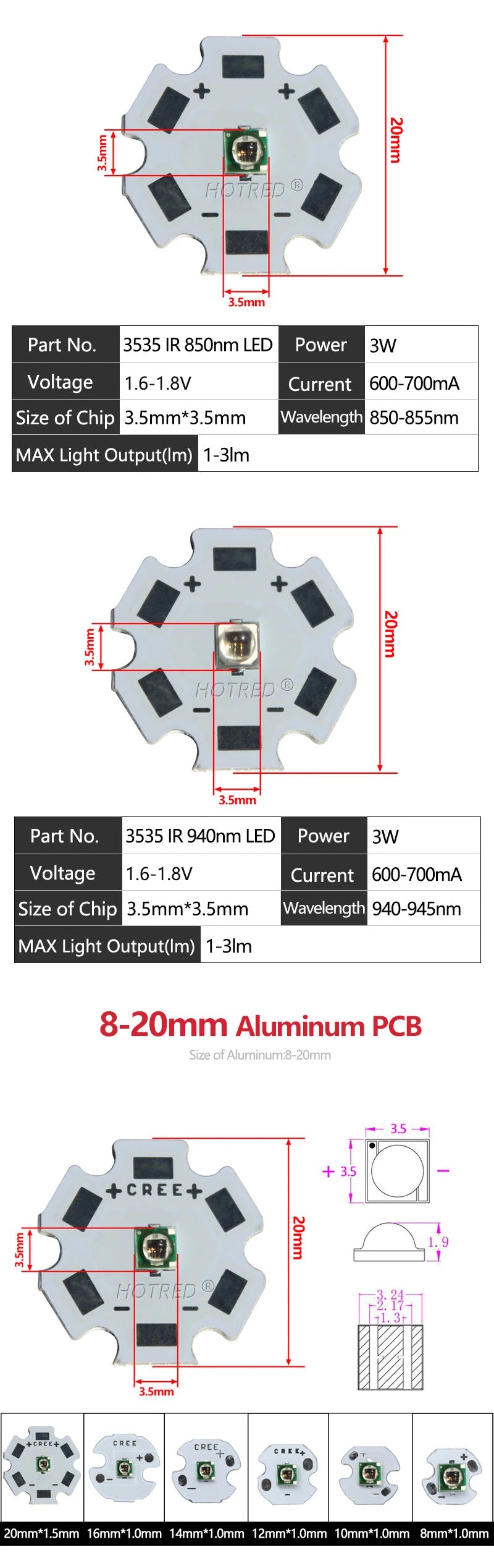 High Power LED Chip IR 730Nm 850Nm 940nm 3W 3535 LED Beads Emitter Light Infrared Radiation Bulb Laser Flashlight Night Vision C