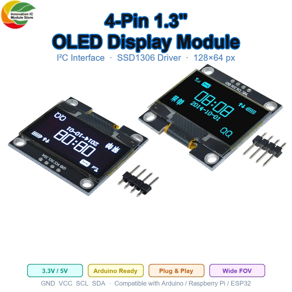 1-5PCS 1.3" IIC Digital OLED Display Module Serial 128x64 SSH1106 White Blue LCD LED Screen Board I2C Communicate for Arduino