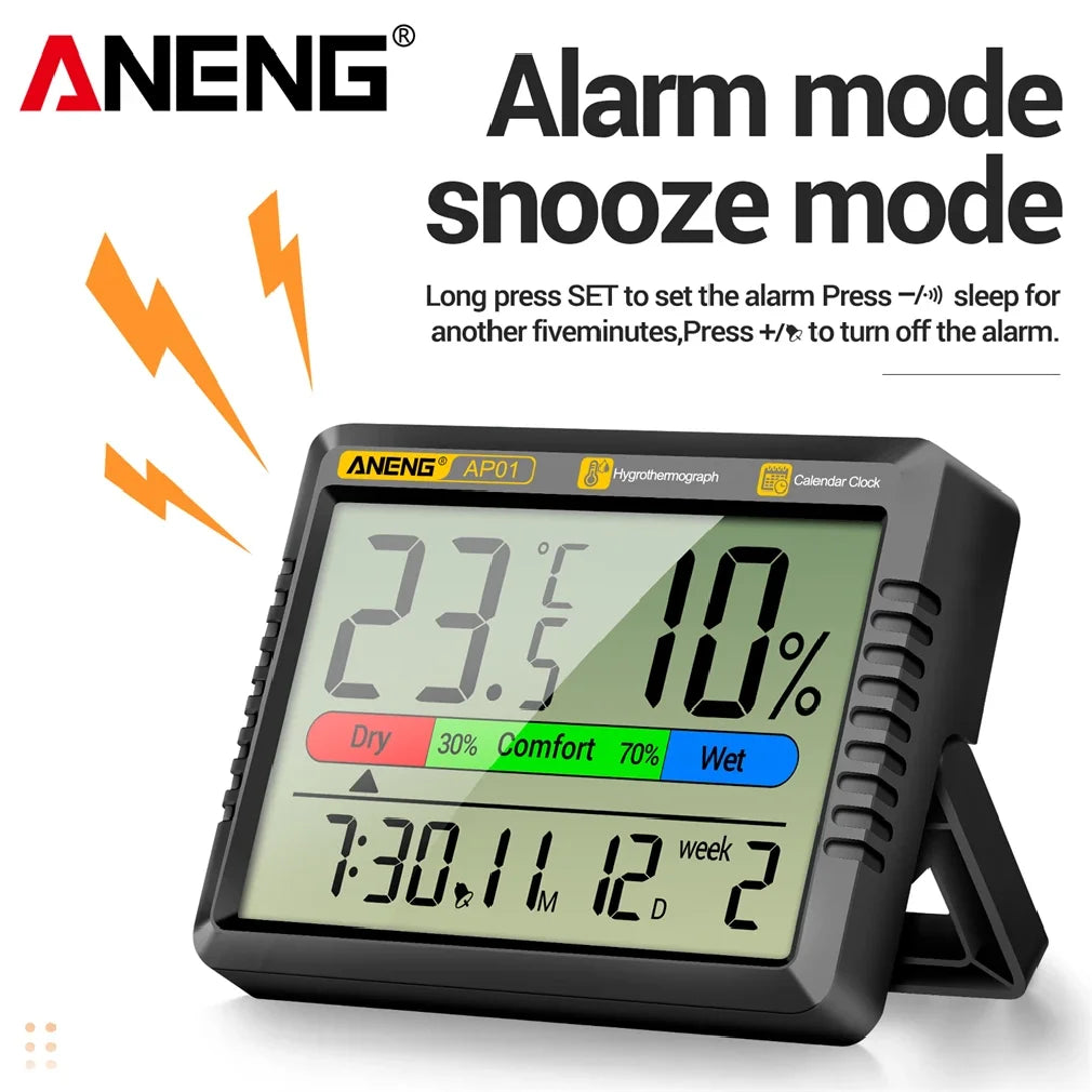 Digital Thermohygrometer Clock ANENG AP01 Snooze Alarm Mode Air Thermometer Humidity Multi-scenario High Precision Tester Tools