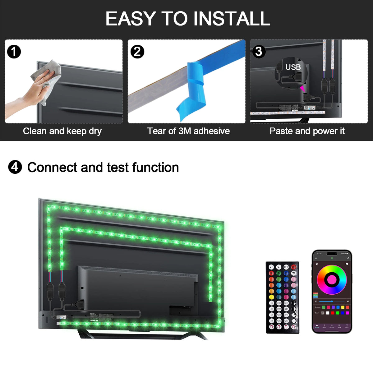 Smart 2IN1 USB LED Strip Lights RGB 5050 Remote Control Kit Flexible Ribbon LED Diode Tape Self-adhesive for TV Backlight