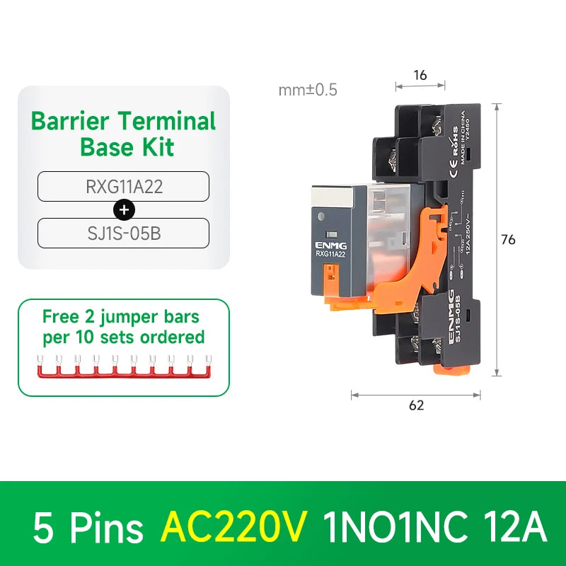 ENMG RXG Slim Power Relay 12A 24VDC/220VAC Coil, DIN Rail Mount Industrial Relay for PLC Control System