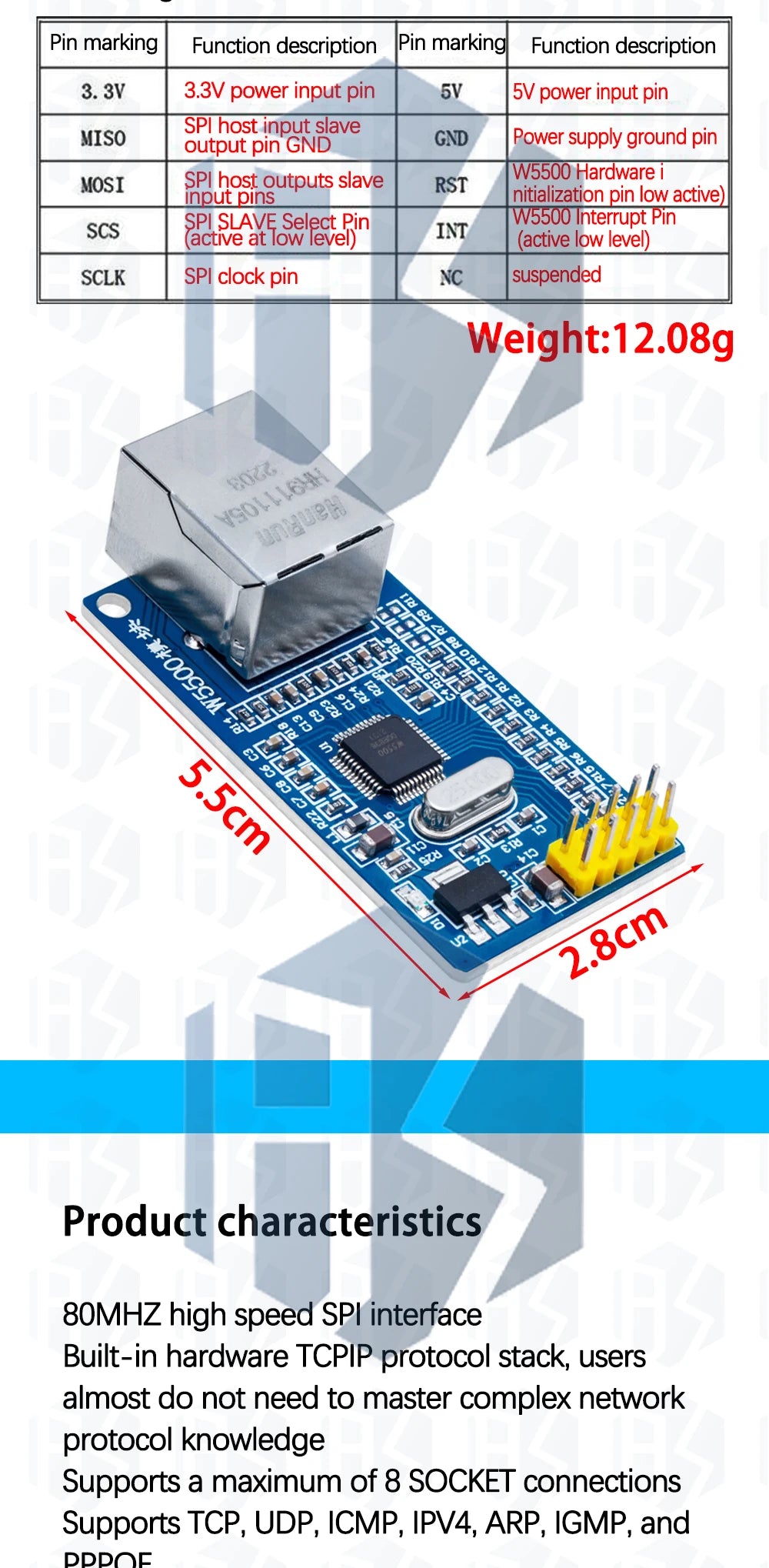 BS 1PCS  W5500 Ethernet network module hardware TCP / IP 51 / STM32 microcontroller program over W5100