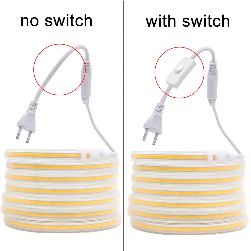 COB LED Strip 220V Switch ON/OFF with EU Plug 220V LED Strip Lights Flexible Lamp Tape for Kitchen Home Room Decor