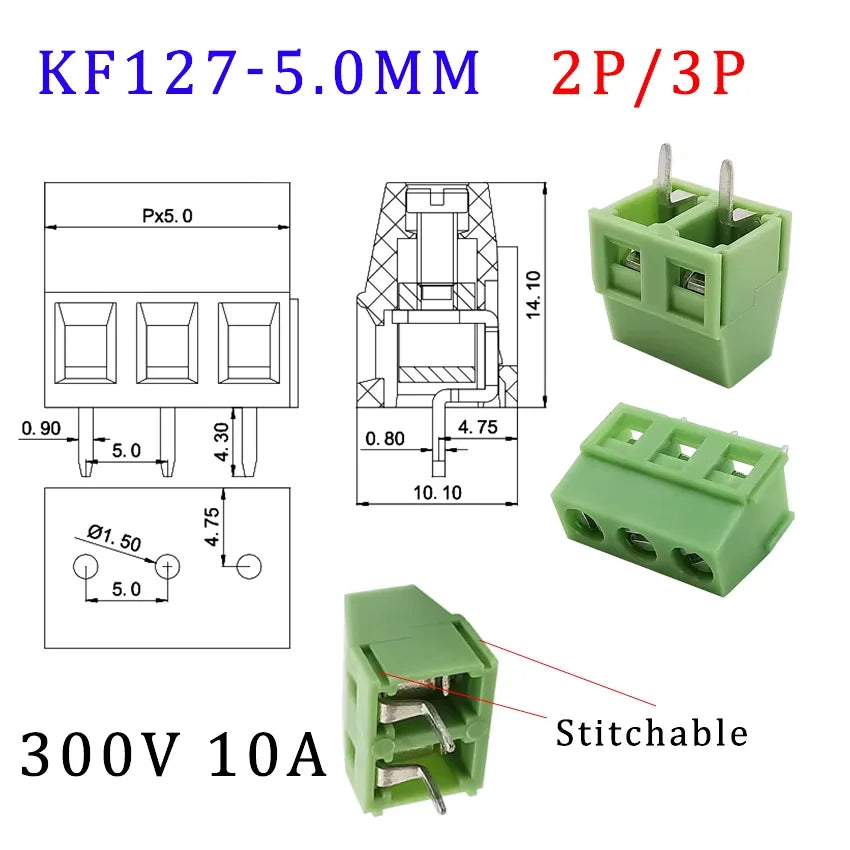 10Pcs KF127 5.0mm Pitch PCB Wire Terminals Block KF127 2Pin 3Pin Spliceable Straight Pin Screw Terminal 26-14AWG Cable Connector