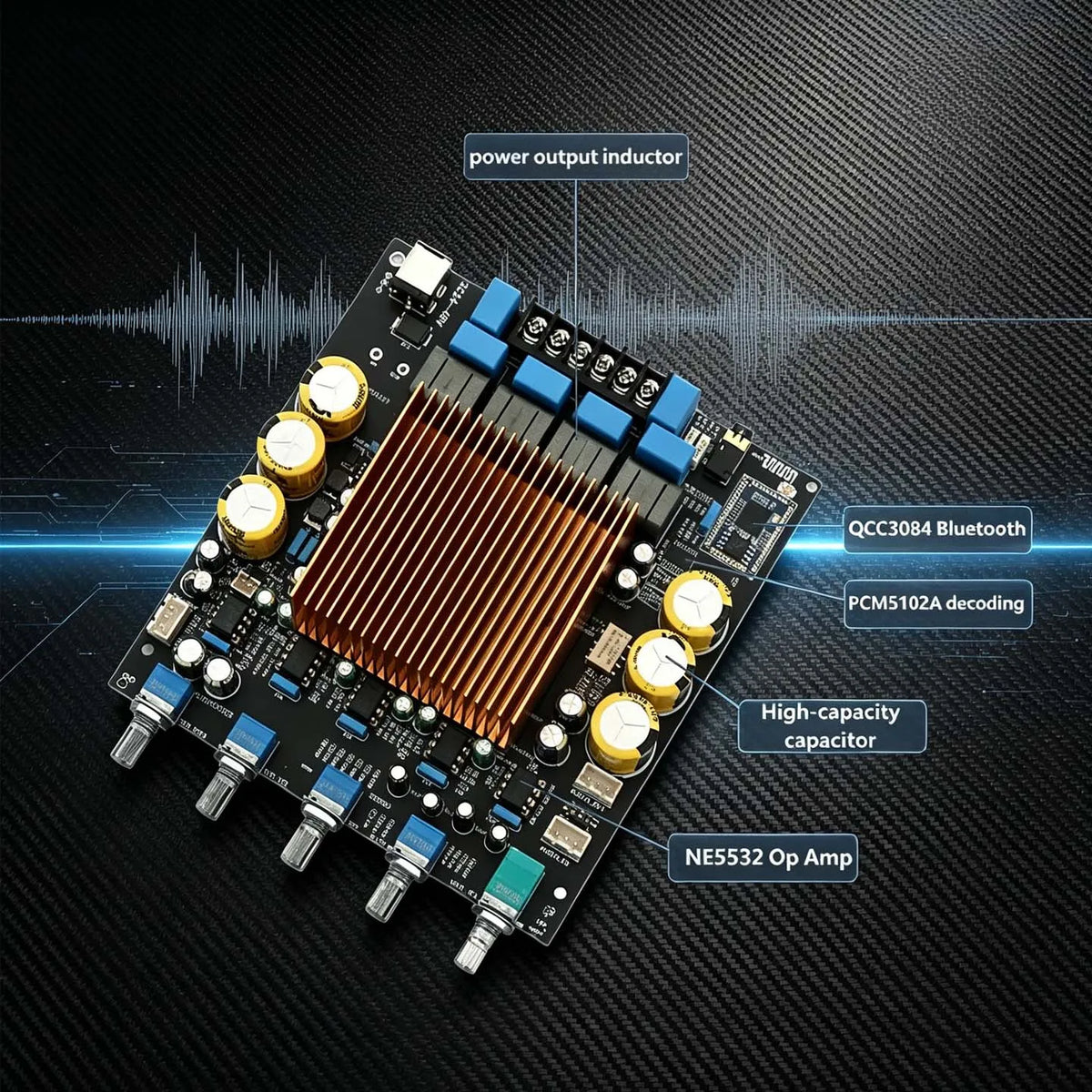 YJCO TPA3255 HIFI 2.1 Amplifier Board QCC3084 Bluetooth 5.4 24Bit/96K LDAC AptX HD 300W×2/4Ω+600W/2Ω Subwoofer Output Audio Amp