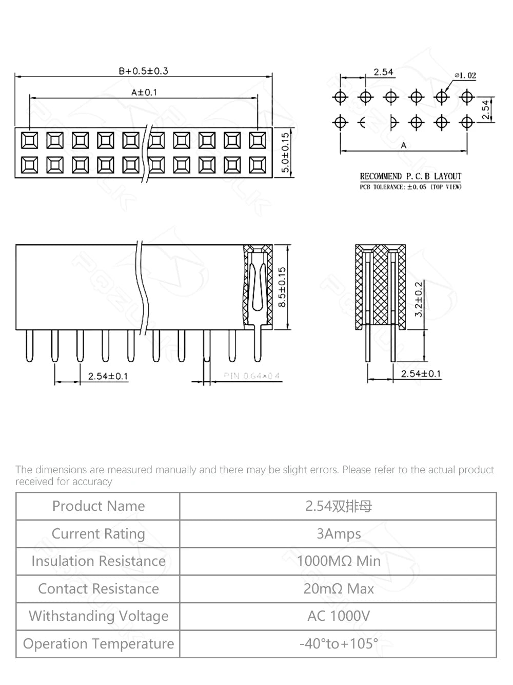 10PCS 2.54mm Double Row Female 2~40P Breakaway PCB Board Pin Header Socket Connector Pinheader 2*2/3/4/6/10/12/16/20/40Pin
