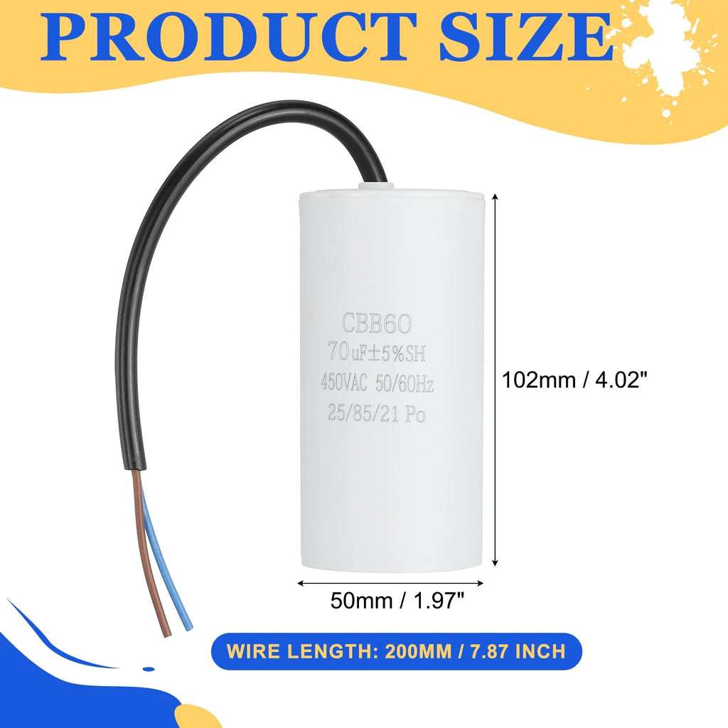 1Pcs CBB60 Run Capacitor 3uf-100uf 450V AC 2 Wires 50/60Hz Cylinder White for Air Compressor Water Pump Motor