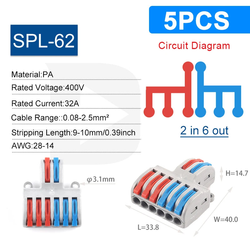 Quick Electrical Connectors Universal Compact Push-in Conductor SPL Splitter Wiring Cable Connector Butt Terminal Block AWG28-12