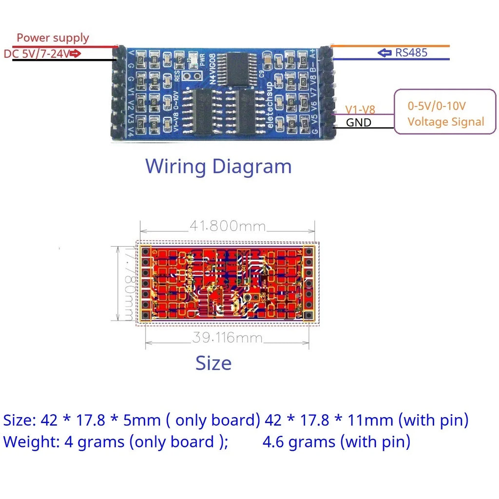 8CH Analog-to-Digital Conversion ADC Module 0-5V 0-10V 4-20MA 0-20MA Voltage Current to RS485 Modbus PinBoard PLC Remote IO DIY