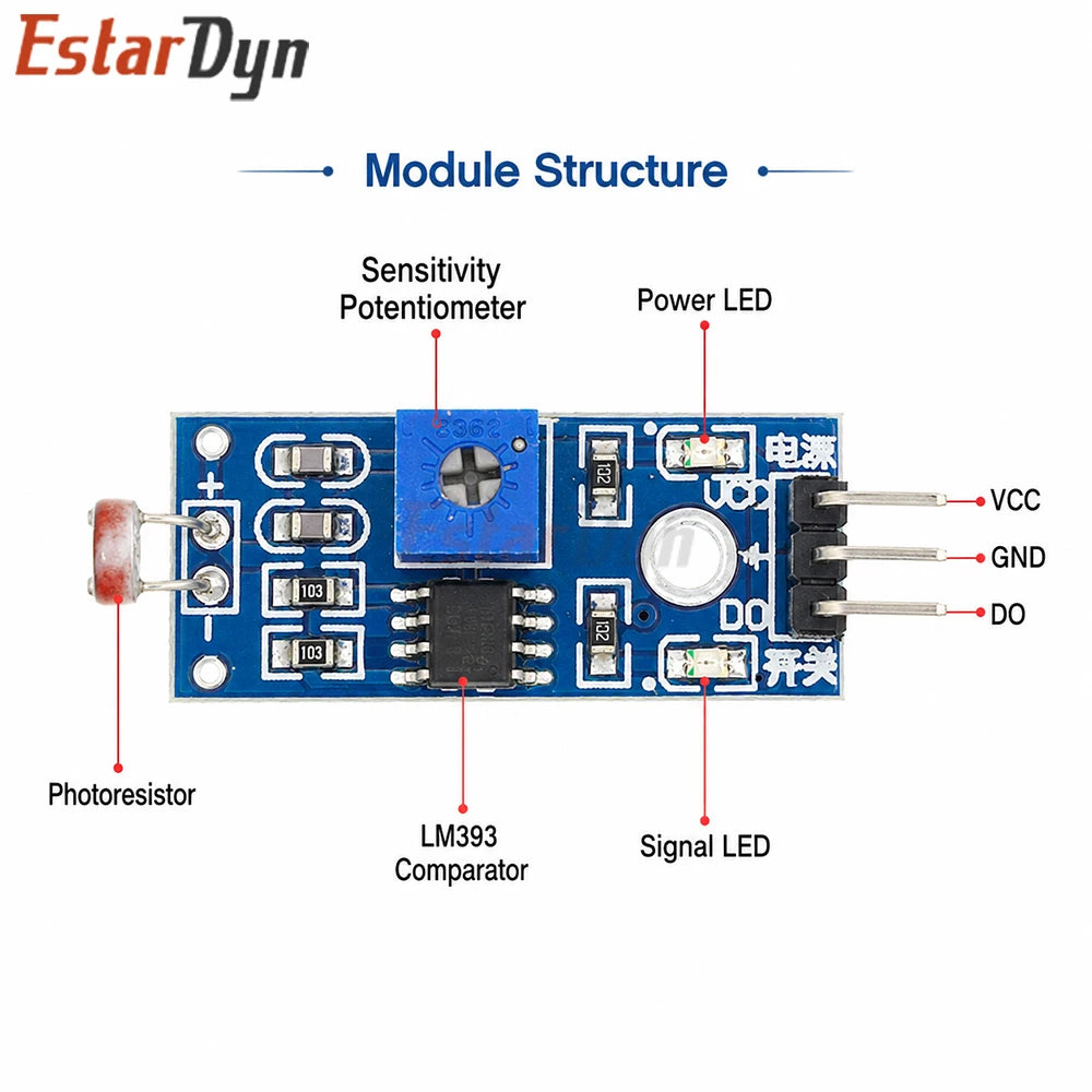 Estardyn 3.3V-5V Photoresistor Light Sensor Module 3Pin LDR Detector for Robot Light Following DIY & Smart Lighting