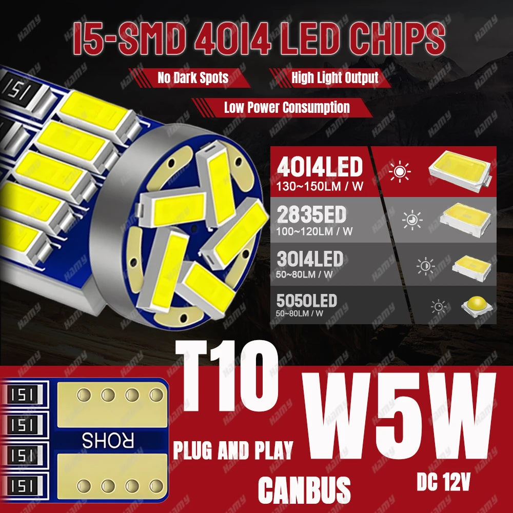 10/20/40 PCS CANBUS T10 W5W LED Bulb For Car Interior Dome Door Maps Trunk License Plate Lights 12V 4014-45SMD 6500K White 300LM