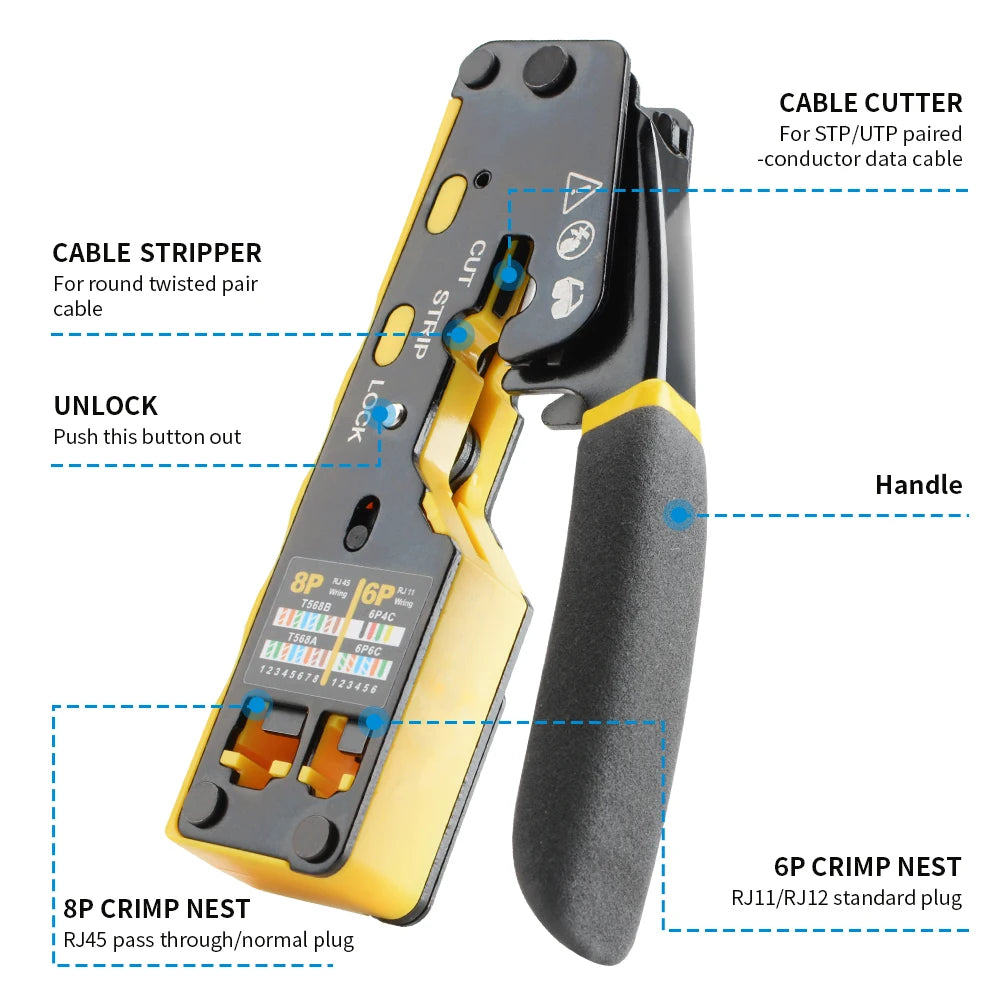 Pass Through RJ45 Cat6 Crimping Tool, 8P8C Crimper for CAT6A/CAT6/CAT5E (STP/UTP)， 3-in-1 Crimp/Cut/Strip