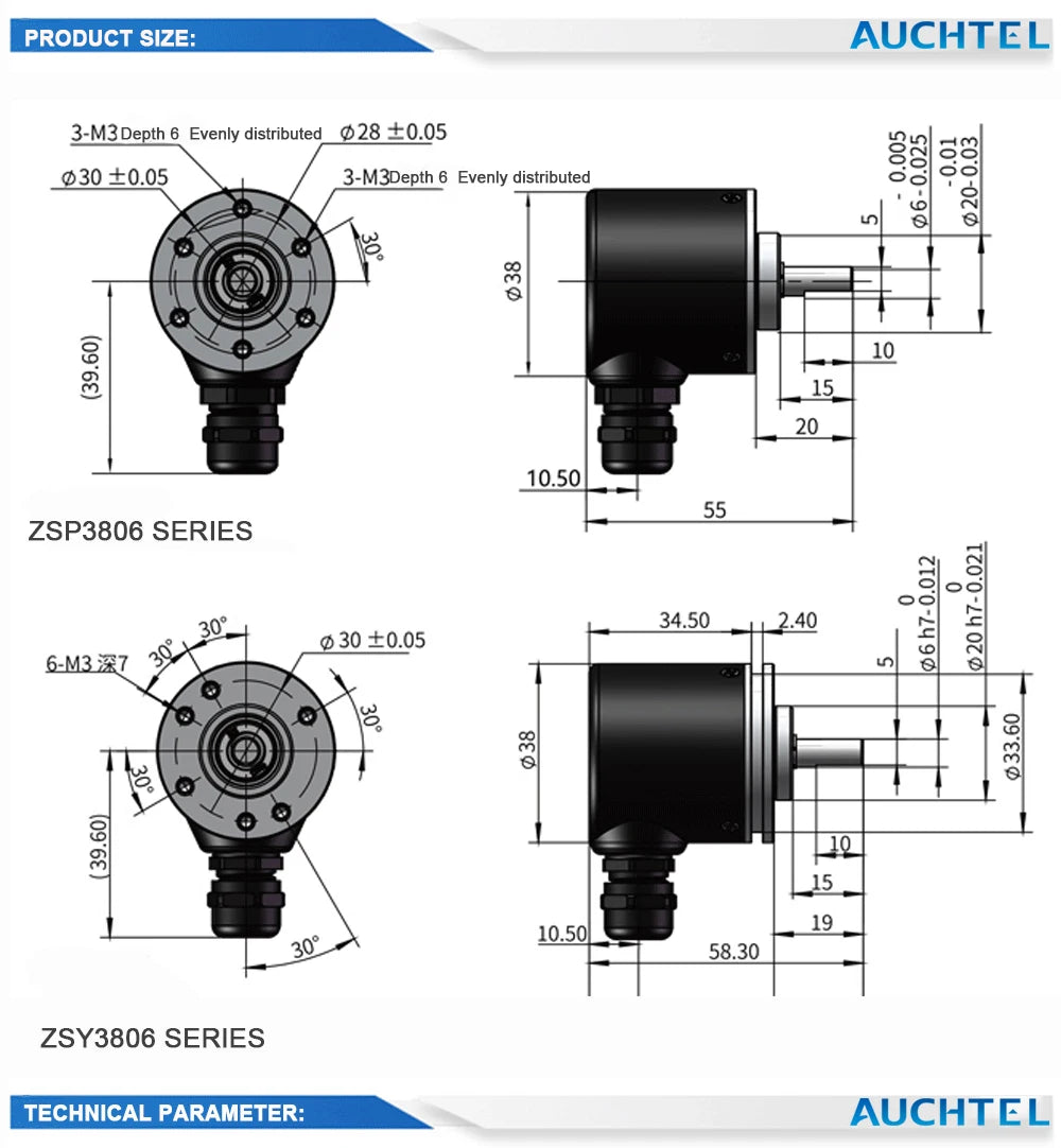 AUCHTEL 38mm Incremental Rotary Encoder 6mm D Shaft Optical Switch AB Z Phases 10-1024-3600 PPR 5-24VDC