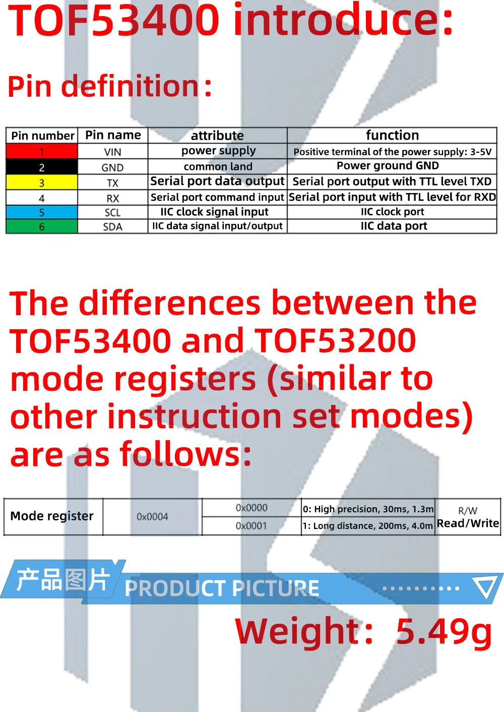 TOF53200/TOF53400 2M/4M ToF Distance Sensor - VL53L1X/VL53L0X 3V-5V for Arduino Projects