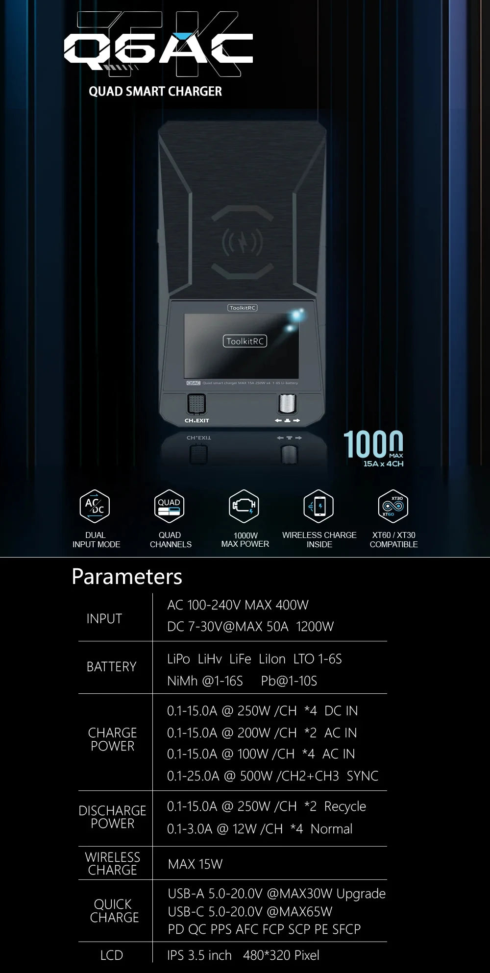 ToolkitRC Q6AC Charger AC 400W/ DC 1200W 4CH Built-in 65W USB Output 15W Wireless Charger For RC 1-6S Lipo LiHv Battery
