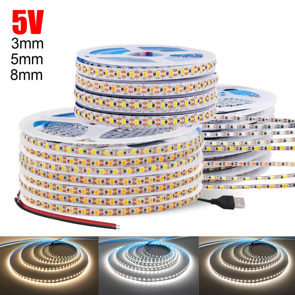 3mm 5mm PCB LED Strip Light Ultra Thin 1 LED Cut 5V 2835 120LEDs/m 8mm Flexible Tape DC IP21 Not Waterproof Warm Natural White