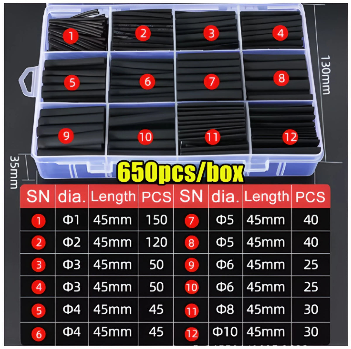 Heat-shrink Tubing Thermoresistant Tube 1300/650 Heat Shrink Wrapping Kit Electrical Connection Wire Cable Insulation Sleeving