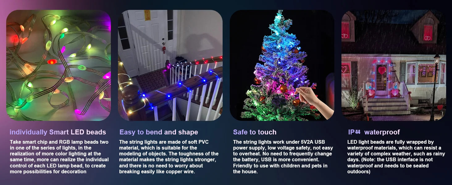 RGB Leather LED Fairy Lights 10M 40M Smart Bluetooth Music Light String IP65 Holiday Garland Decoration