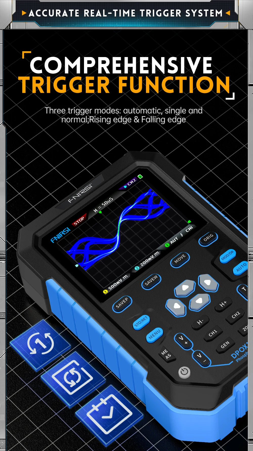 FNIRSI DPOX180H Handheld Digital Phosphor Oscilloscope 180MHz-3DB Analog Bandwidth 500MSPS 2 in 1 Signal Generator XY Mode ZOOM