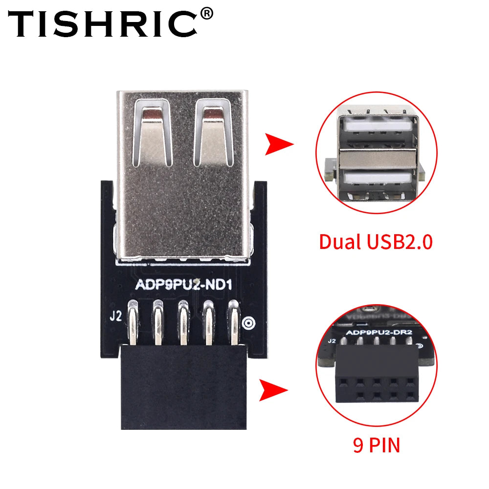 TISHRIC 9Pin To 2 Ports USB 2.0 Expansion Card USB 2.0 Motherboard Header 9pin to 2 Ports USB 2.0 Dual USB A 9 Pin Female Adapt