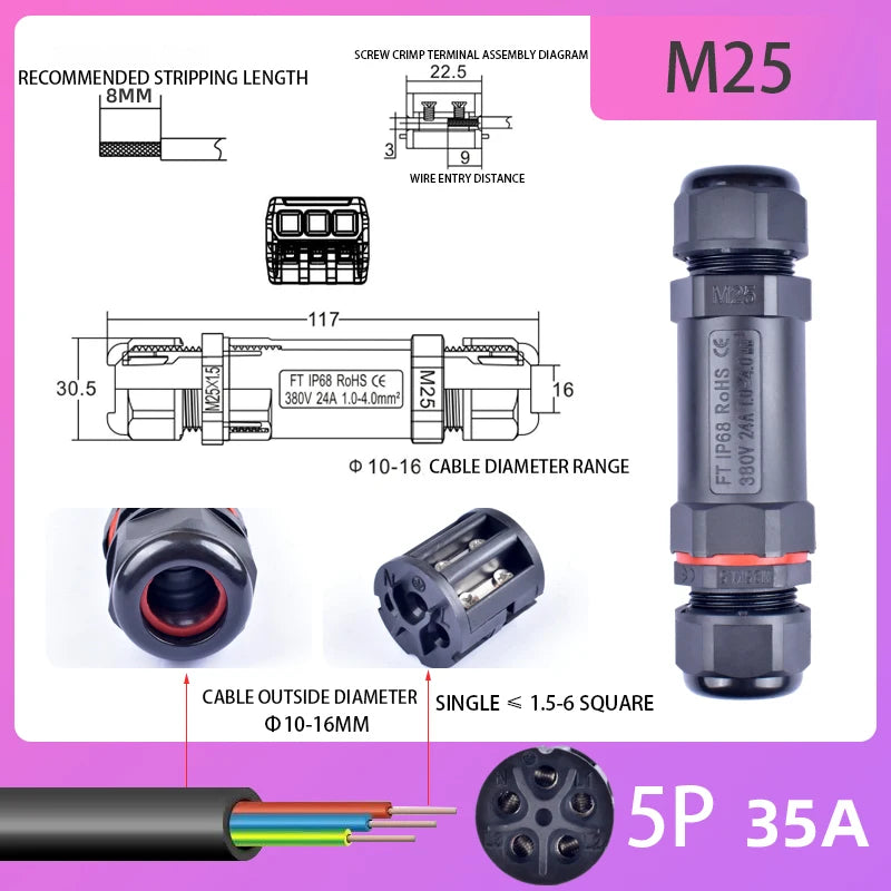 IP68 Waterproof Connector Outdoor LED Lighting Sealed Connector  Assembly Type Wire And Cable Quick Terminal Connector 2/3/4/5P