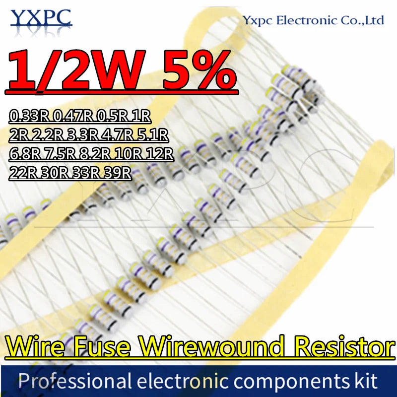 50pcs 1/2W 5% Wire Fuse Wirewound Resistor 0.33R 0.47R 0.5R 1R 2R 2.2R 3.3R 4.7R 5.1R 6.8R 7.5R 8.2R 10R 12R 22R 30R 33R 39R