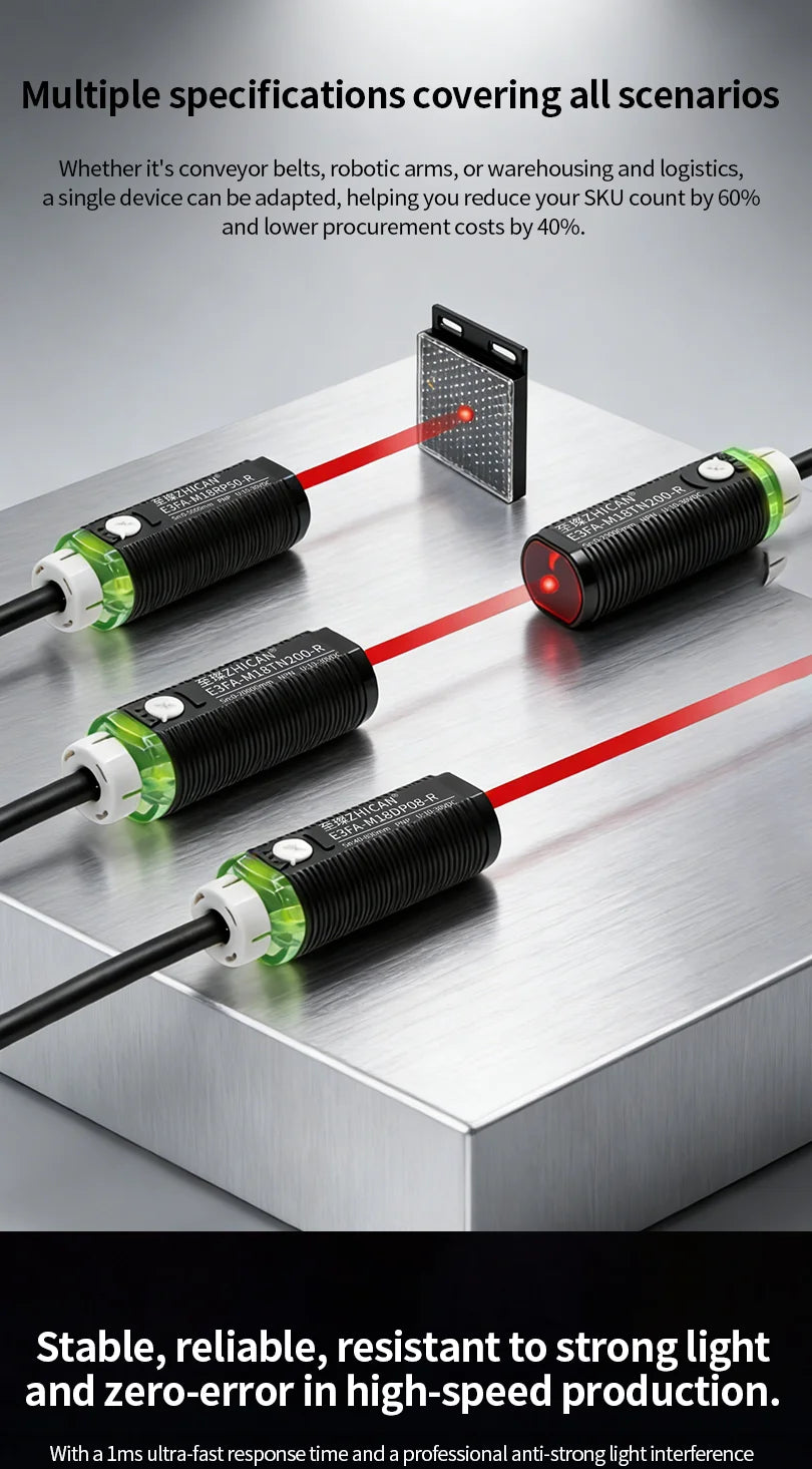 ZHICAN E3FA M18 Cylindrical Photoelectric Sensor Long Range Diffuse Reflective Through Beam Retro Reflective NPN PNP