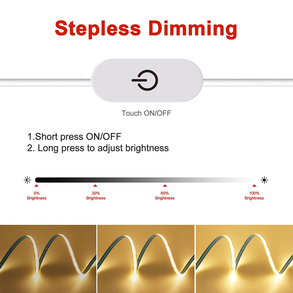 DC 5V COB LED Strip Light With USB 2PIN Wire DC Plug 8MM 320LED High Density Flexible Tape 3000K 4000K 6000K Warm Natural White