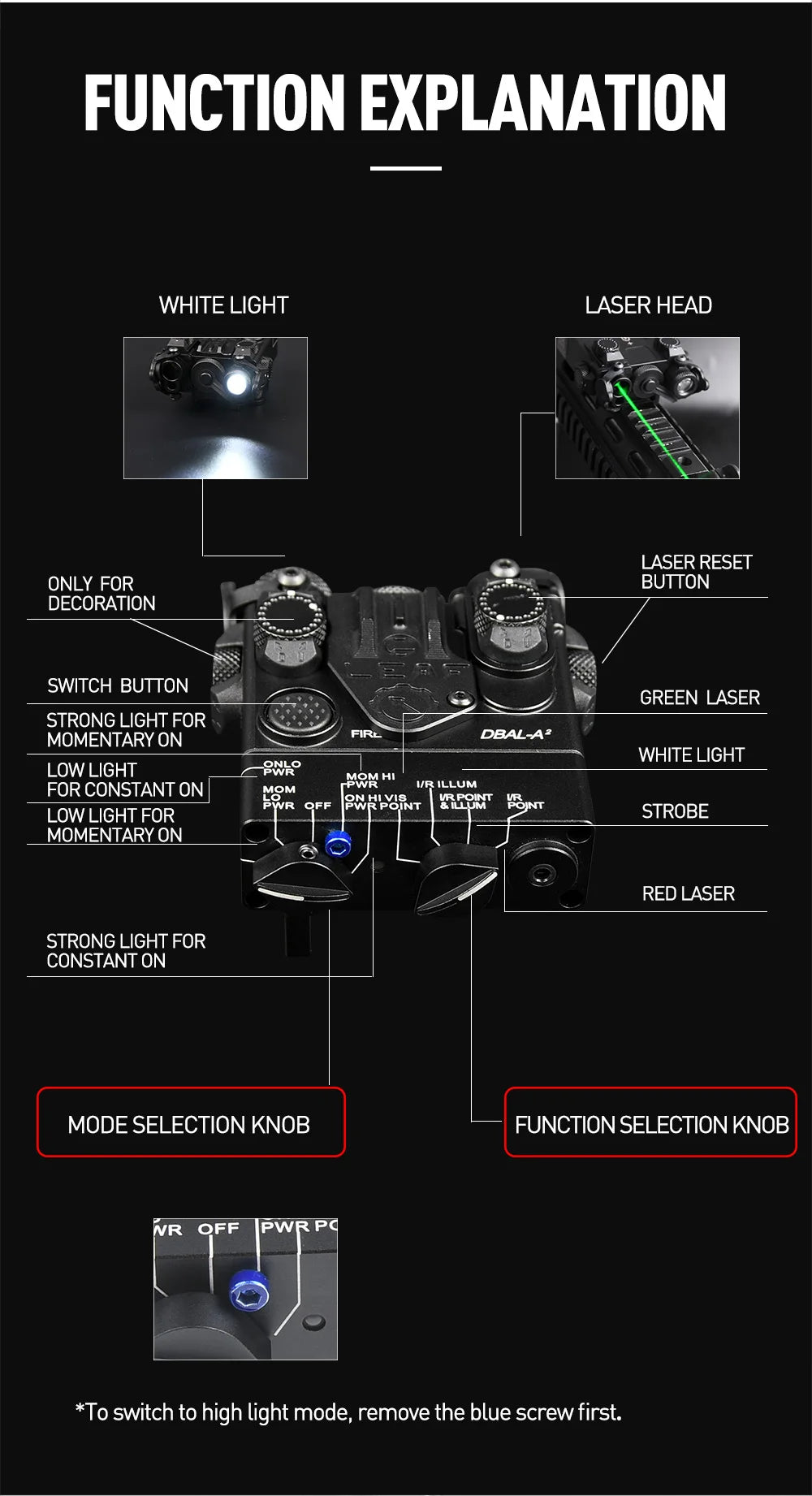 WADSN DBAL A2 Dbal-a2 Full Function Red Green Blue IR Laser Strobe Flashlight with Light Point Zero Adjustment for 20mm Rail