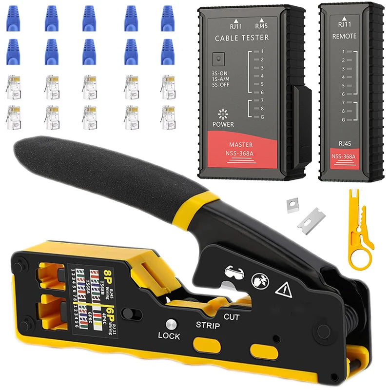 RJ45 Crimp Tool Kit Pass Through Cat6 Crimping Tool For Cat5 Cat5e Cat6 8P8C Connector, All-in-one Ethernet Crimper