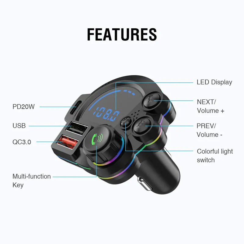 MP3 Music Player Car Bluetooth 5.3 FM Transmitter Wireless QC3.0& PD 20W Dual Fast Charging Car Adapter