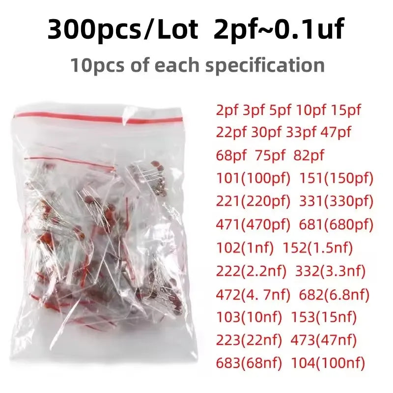 300/960pcs 50V Ceramic Capacitors Kit 2pF-0.1uF 30pF 100pF 1nF Electronic Components Package Capacitor Assorted Samples Diy Kit