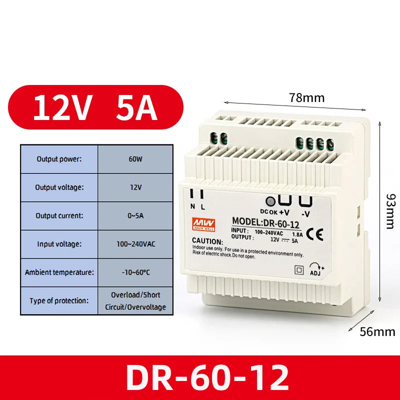 DR-60W Output 5V 12V 15V24V DIN Rail Switching Power Supply 24V DC 220V to 12V Transformer 5V Module Power Supply Box