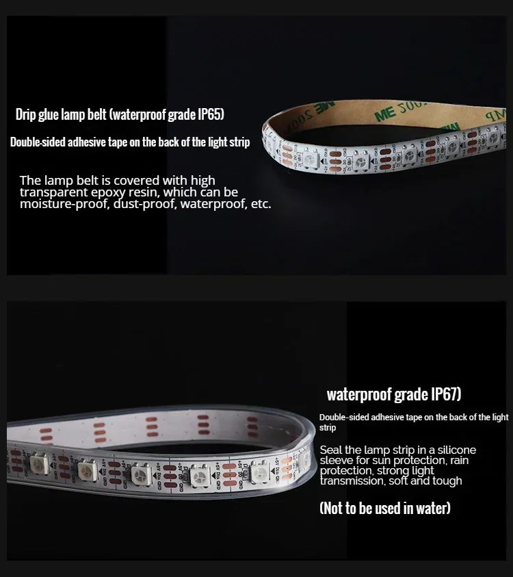 WS2812B RGB IC Smart LED Strip 5050 Individually Addressable IC 30/60/144Pixels/Leds/m Light DC 5V Black IP30 IP67 Waterproof