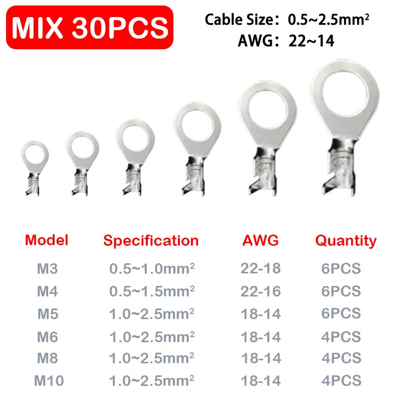 O-type Ground Lugs Terminal Cold-Pressed Copper Tab Wiring Nose Wire Lugs Crimp Wire Connector Eyelets Cable Connection Clamp