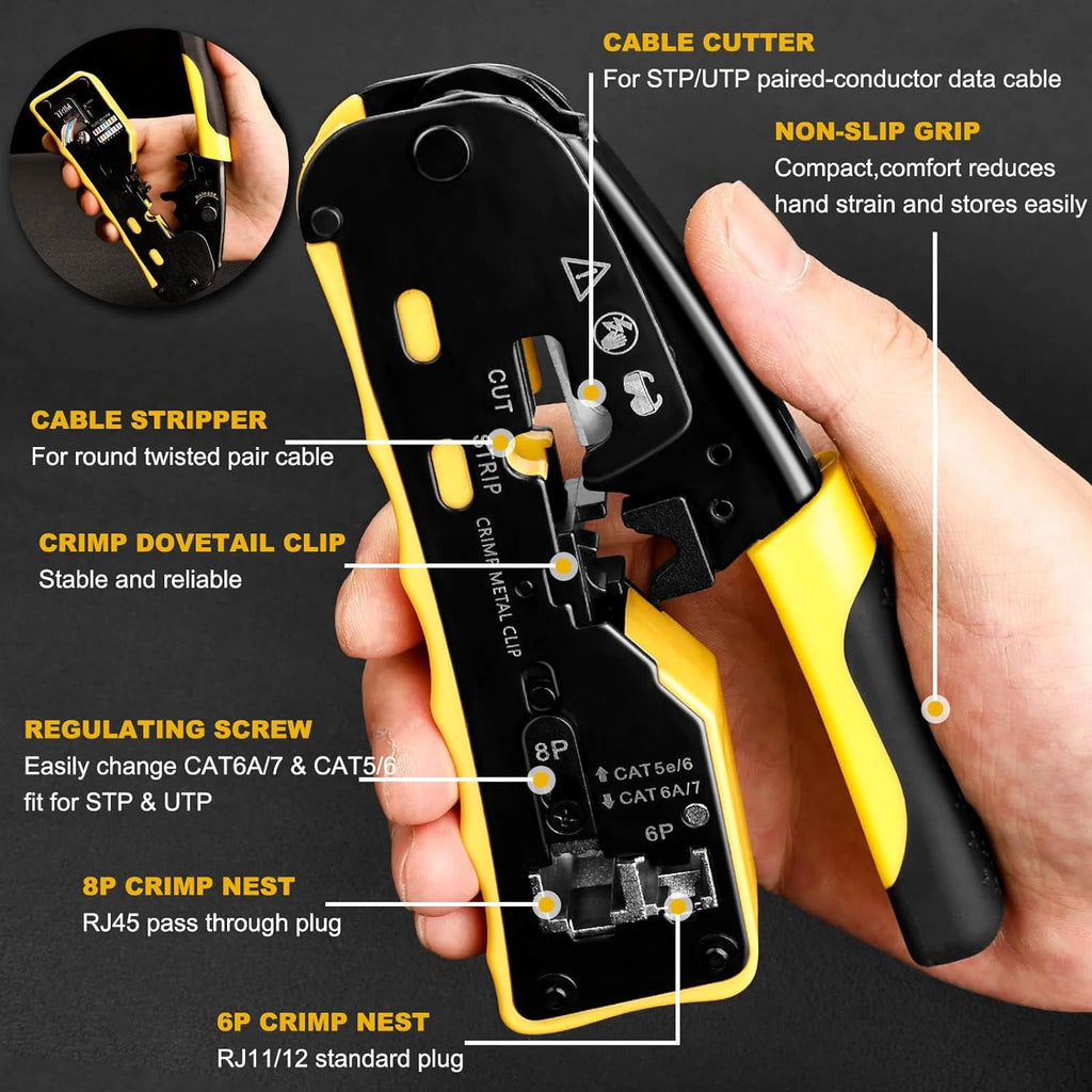 ZOERAX RJ45 Cat8/7/6A/6/5 Crimp Tool Pass Through Ethernet Crimper All-in-one Ratcheting Modular Data Cable Crimper