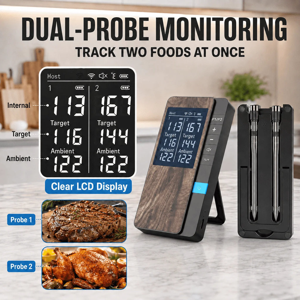 Wireless Meat Thermometer Digital Bluetooth Probe Thermometer Rechargeable with LCD Screen & Mobile APP for BBQ Oven Rotisserie