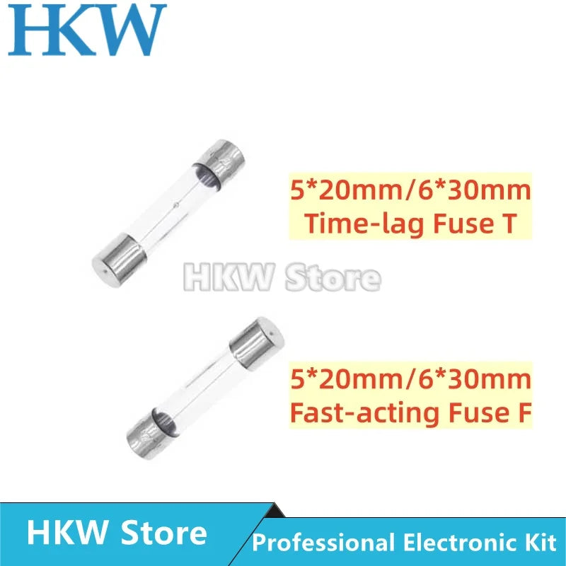 10/20pcs Glass Tube Fuse Slow Blow Fast Blow 5*20mm 6*30mm 0.1A~30A 0.2A 0.5A 1A 2A 3.15A 5A 6.3A 10A 15A 20A 25A 250V Fusibles