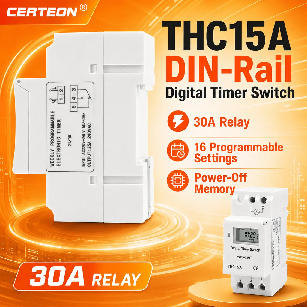 THC15A Digital Timer Switch Programmable Time Switch 30A DIN Rail Weekly Timer Relay 12V 24V 110V 220V LCD Controller