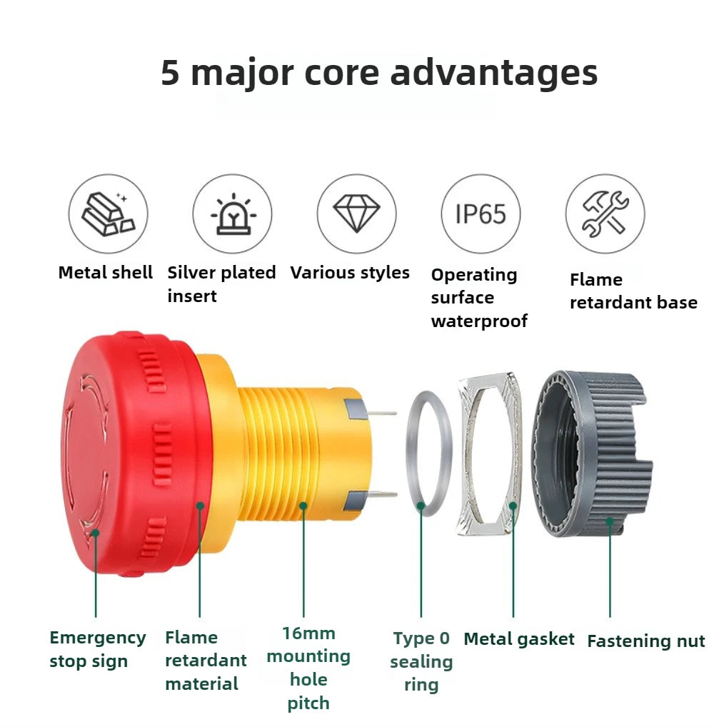 16/22mm Plastic Emergency Stop Power Push Button Switch Anti-slip IP65 Waterproof Mushroom Head Rotation Reset 1NO 1NO1NC