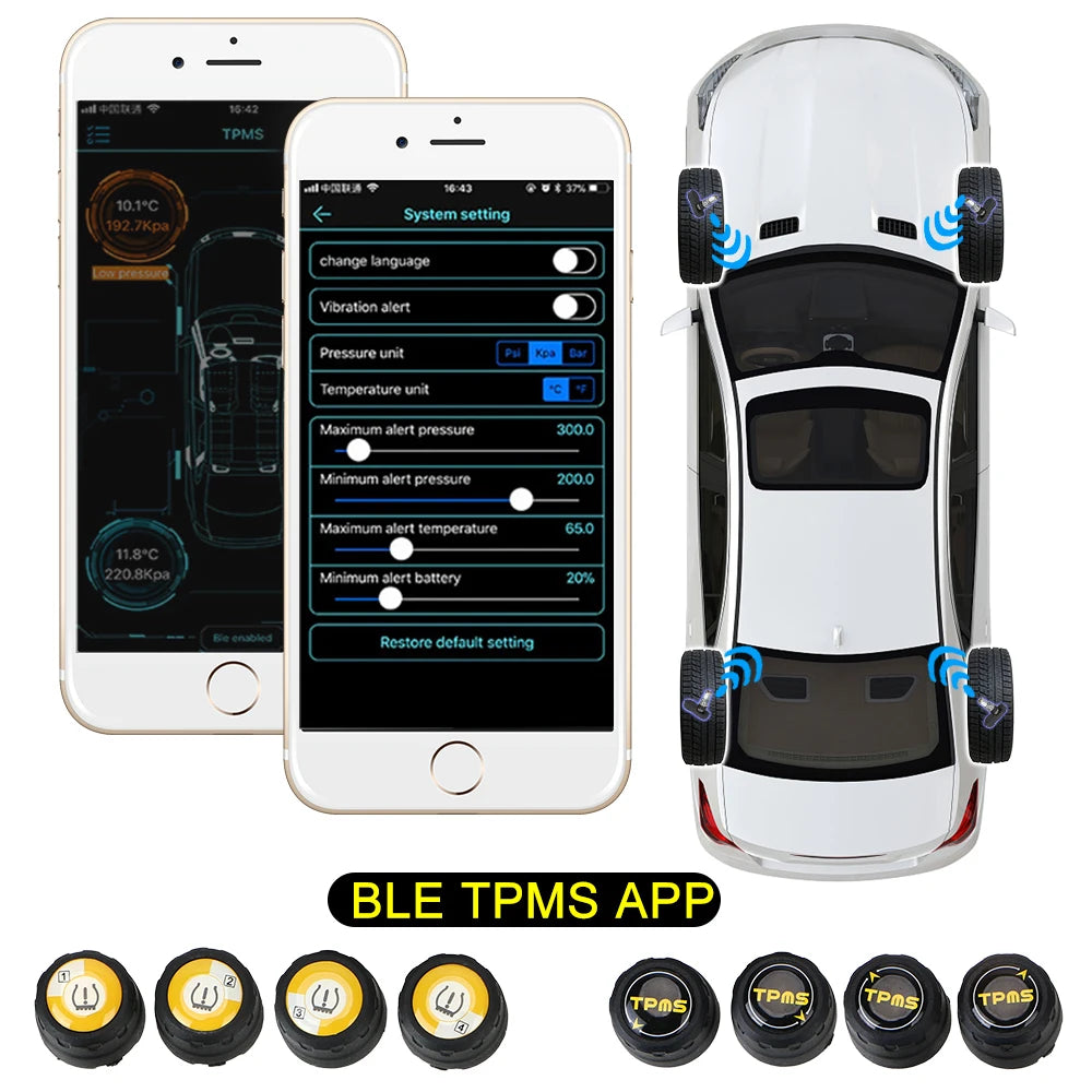 Bluetooth 4.0 5.0 Car Tire Pressure Sensor APP Display Android iOS BLE TPMS Universal External Alarm Tire Pressure Sensors