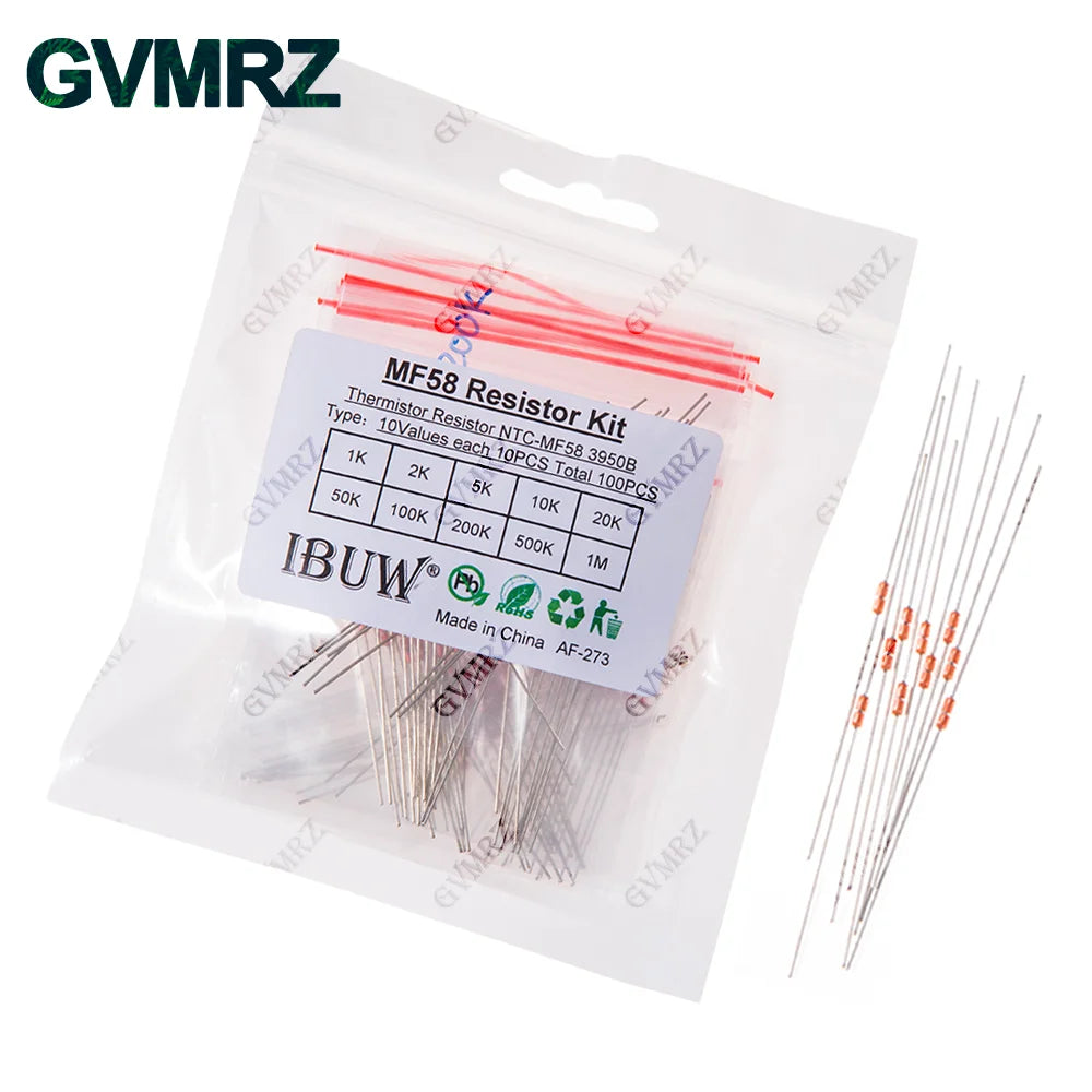 100PCS 10Values MF58 NTC Thermistor Kit 1K-1M 3950B for Temperature Sensing & Circuit Thermal Control Projects