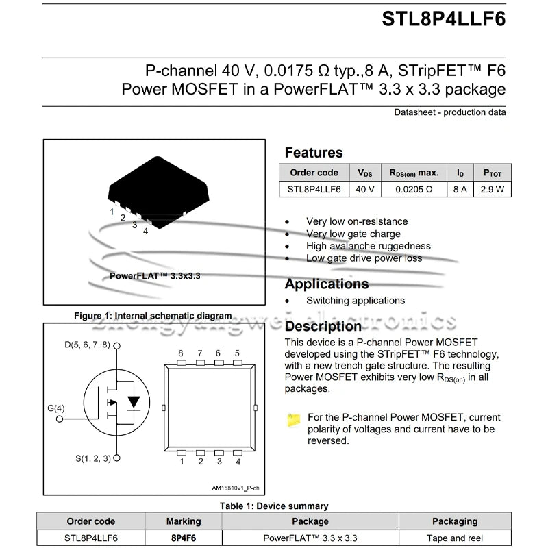 2PCS STL8P4LLF6 PowerFLAT (3.3x3.3) 8P4F6 1 P-Channel 40v Power transistor MOSFET