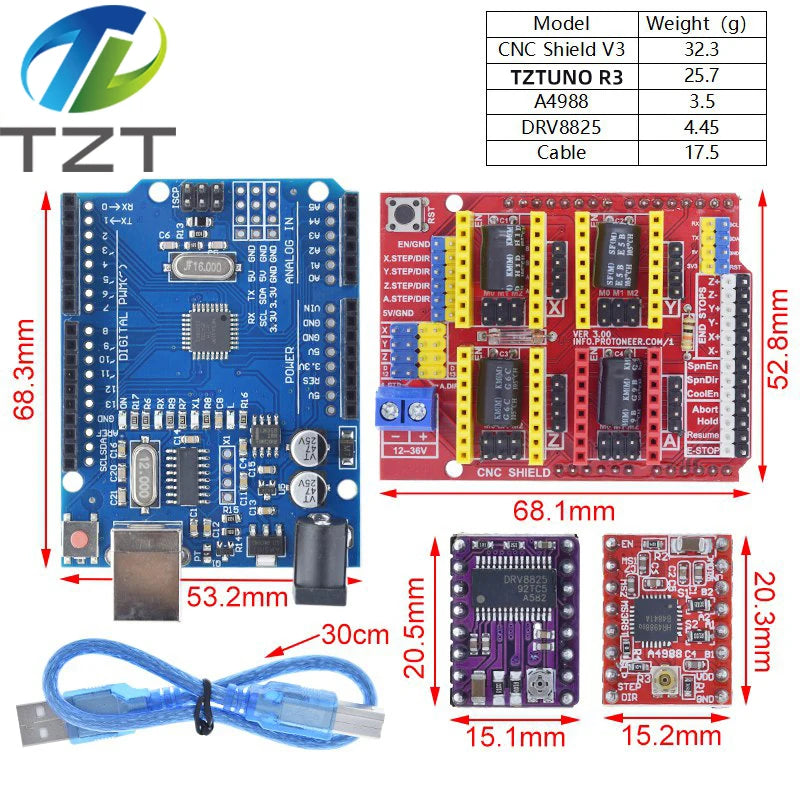 TZTUNO R3 With USB Cable + CNC Shield V3 Engraving Machine 3D Printe+ 4pcs DRV8825 Or A4988 Driver Expansion Board For Arduino